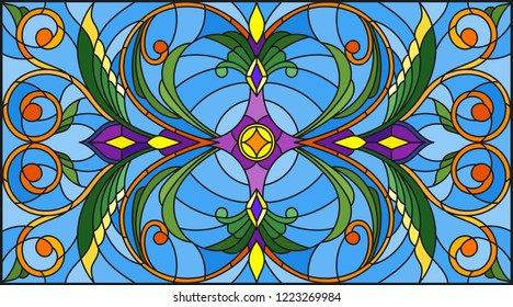 Illustration in stained glass style with abstract flowers, leaves and curls on blue background, horizontal orientation