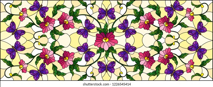 Illustration in stained glass style with abstract curly pink flower and a purple  butterfly on yellow background , horizontal image