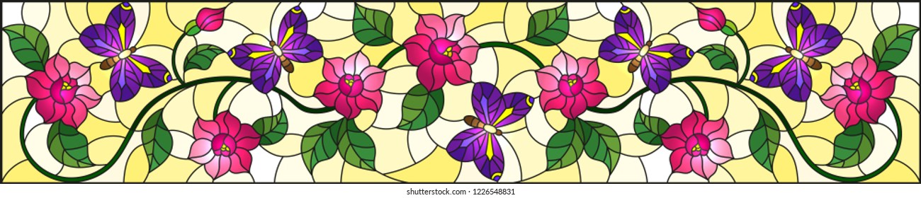 Illustration in stained glass style with abstract curly pink flower and a purple  butterfly on yellow background , horizontal image