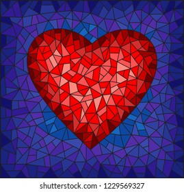 Illustration in stained glass style with abstract red heart on blue background, rectangular image