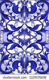 Illustration in stained glass style with abstract  swirls,flowers and leaves  on a light background,vertical orientation gamma blue