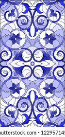 Illustration in stained glass style with abstract  swirls,flowers and leaves  on a light background,vertical orientation gamma blue