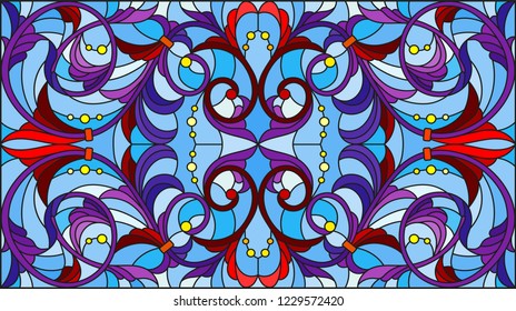 Illustration in stained glass style with abstract flowers, leaves and curls on blue background, horizontal orientation