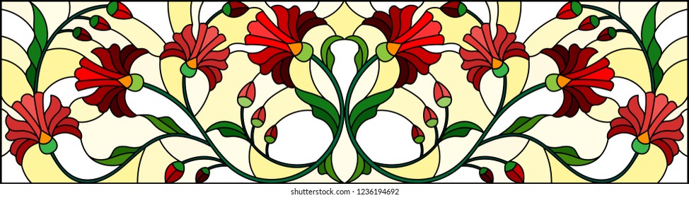 Illustration in stained glass style with abstract red flowers on a yellow  background,horizontal orientation