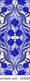 Illustration in stained glass style with abstract  swirls,flowers and leaves  on a light background,vertical orientation gamma blue