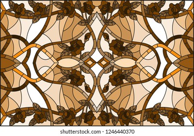 Illustration in stained glass style with abstract  flowers of roses ,swirls and leaves  on a light background,horizontal orientation, sepia