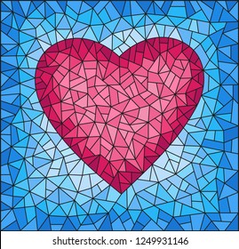 Illustration in stained glass style with abstract pink  heart on blue background, rectangular image