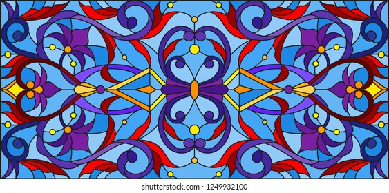 Illustration in stained glass style with abstract  swirls,flowers and leaves  on a blue background,horizontal orientation