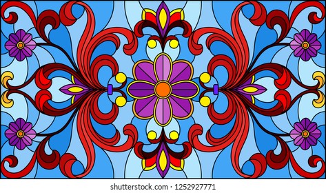 Illustration in stained glass style with abstract  swirls,flowers and leaves  on a blue background,horizontal orientation