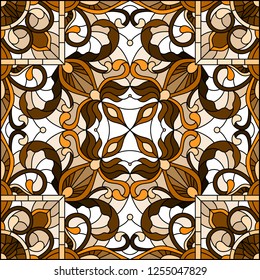 Illustration in stained glass style with abstract  swirls and leaves  on a light background,square orientation, sepia