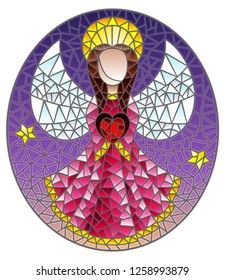 Illustration in stained glass style with an abstract angel in pink robe with a heart , round picture