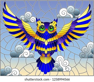 Illustration in stained glass style with abstract blue owl flying on sky background with clouds 