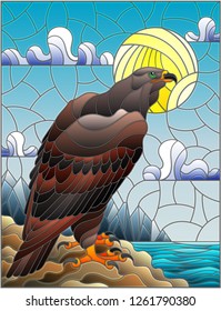Illustration in stained glass style with abstract eagle on landscape background with mountains, sea and sky