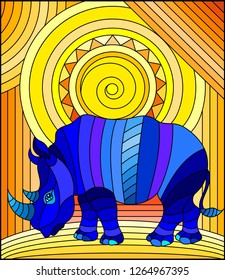 Illustration in stained glass style ,abstract blue geometric rhino on an orange background  background with sun  in frame