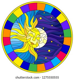 Illustration in stained glass style , abstract sun and moon in the sky,round image in bright frame 