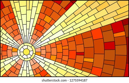 Illustration in stained glass style with abstract celestial landscape, sun with rays against the sky