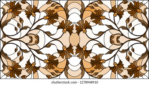 Illustration in stained glass style with abstract  swirls, flowers  and leaves  on a light background,horizontal orientation, sepia