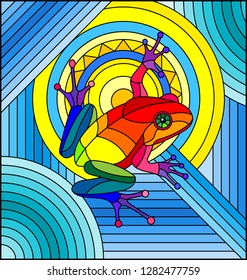 Illustration in stained glass style with abstract rainbow frog on geometric blue background with sun