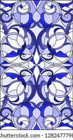 Illustration in stained glass style with abstract  swirls,flowers and leaves  on a light background,vertical orientation gamma blue