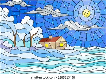 Illustration in stained glass style with abstract winter landscape,a lonely house amid fields, frozen lake , sky and falling snow