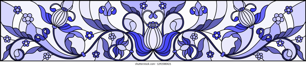 Illustration in stained glass style with abstract  swirls,flowers and leaves  on a light background, gamma blue