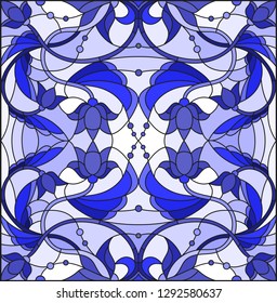 Illustration in stained glass style with abstract  swirls,flowers and leaves  on a light background, gamma blue