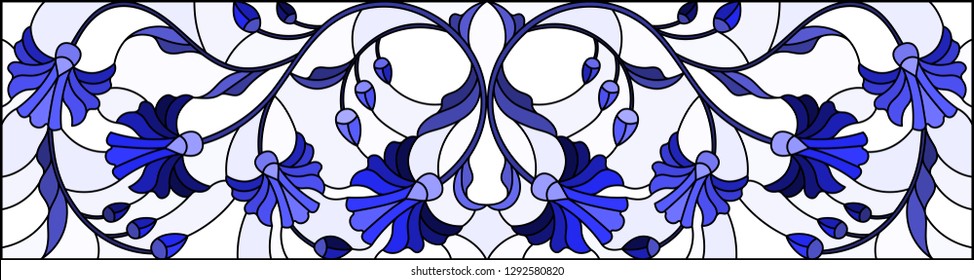 Illustration in stained glass style with abstract  swirls,flowers and leaves  on a light background, gamma blue