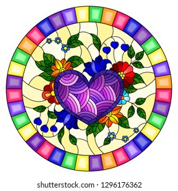 Illustration in stained glass style with abstract purple heart and flowers on yellow  background in a bright frame,round image