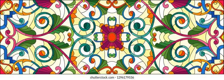 Illustration in stained glass style with abstract  swirls,flowers and leaves  on a light background,horizontal orientation