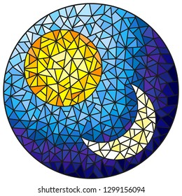 Illustration in stained glass style , abstract sun and moon in the sky,round image 