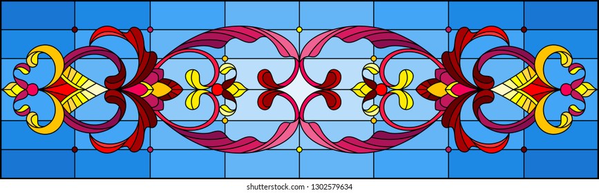 Illustration in stained glass style with abstract  swirls,flowers and leaves  on a blue background,horizontal orientation
