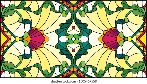 Illustration in stained glass style with abstract  swirls,flowers and leaves  on a yellow background,horizontal orientation