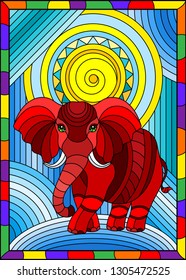 Illustration in stained glass style ,abstract red  geometric elephant on an blue background  background with sun  in bright frame