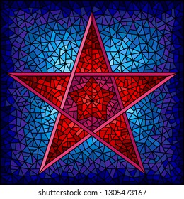 Illustration in stained glass style with abstract red five-pointed star on blue background