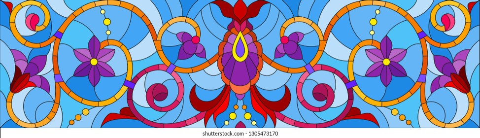 Illustration in stained glass style with abstract  swirls,flowers and leaves  on a blue background,horizontal orientation