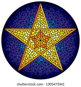 Illustration in stained glass style with abstract ryellow  five-pointed star on blue background, round image 