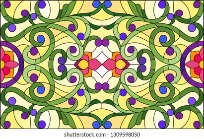 Illustration in stained glass style with abstract  swirls,  flowers and leaves  on a yellow  background,horizontal orientation