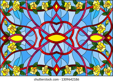 Illustration in stained glass style with abstract  swirls,flowers of yellow roses  and leaves  on a blue background,horizontal orientation