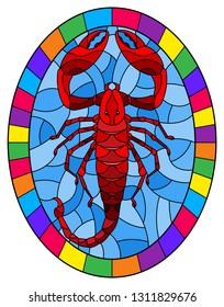 Illustration in stained glass style with abstract red  Scorpion on blue background,oval picture in a bright frame,