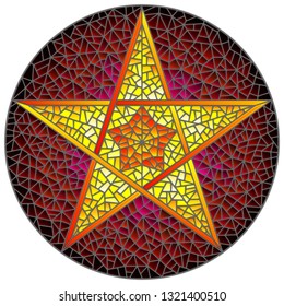 Illustration in stained glass style with abstract ryellow  five-pointed star on red background, round image 