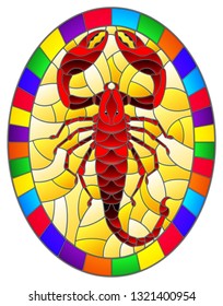 Illustration in stained glass style with abstract red  Scorpion on yellow  background,oval picture in a bright frame,