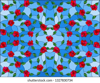 Illustration in stained glass style with abstract floral background, red intertwined roses and leaves on blue background