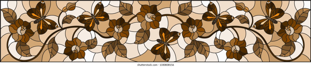 Illustration in stained glass style with abstract curly  flower and   butterfly on brown background , horizontal image, Sepia,monochrome