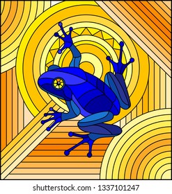Illustration in stained glass style with abstract blue frog on geometric orange background 