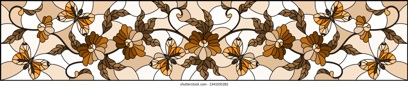 Illustration in stained glass style with abstract curly  flower and  butterfly on brown background , horizontal image,Sepia,monochrome