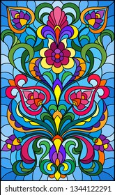 Illustration in stained glass style with abstract  swirls,flowers and leaves  on a blue background