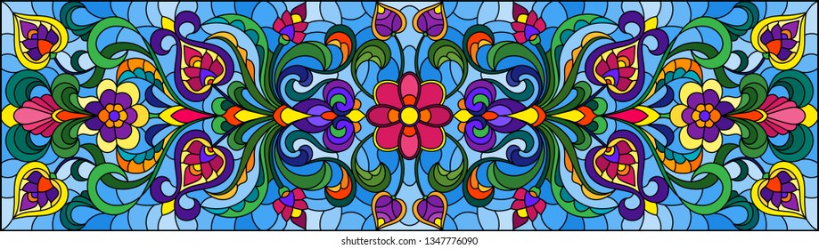 Illustration in stained glass style with abstract  swirls,flowers and leaves  on a blue background,horizontal orientation