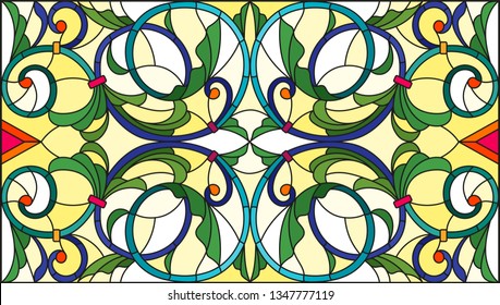 Illustration in stained glass style with abstract  swirls,flowers and leaves  on a yellow background,horizontal orientation