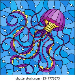 Illustration in stained glass style with abstract purple  jellyfish against a blue sea and bubbles, square image