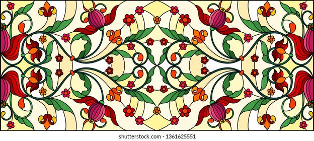 Illustration in stained glass style with abstract pink flowers on a yellow  background,horizontal orientation